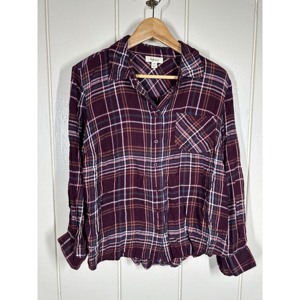 Style & Co Button Down Women M Burgundy Plaid Shirt Long Sleeve Casual 7886